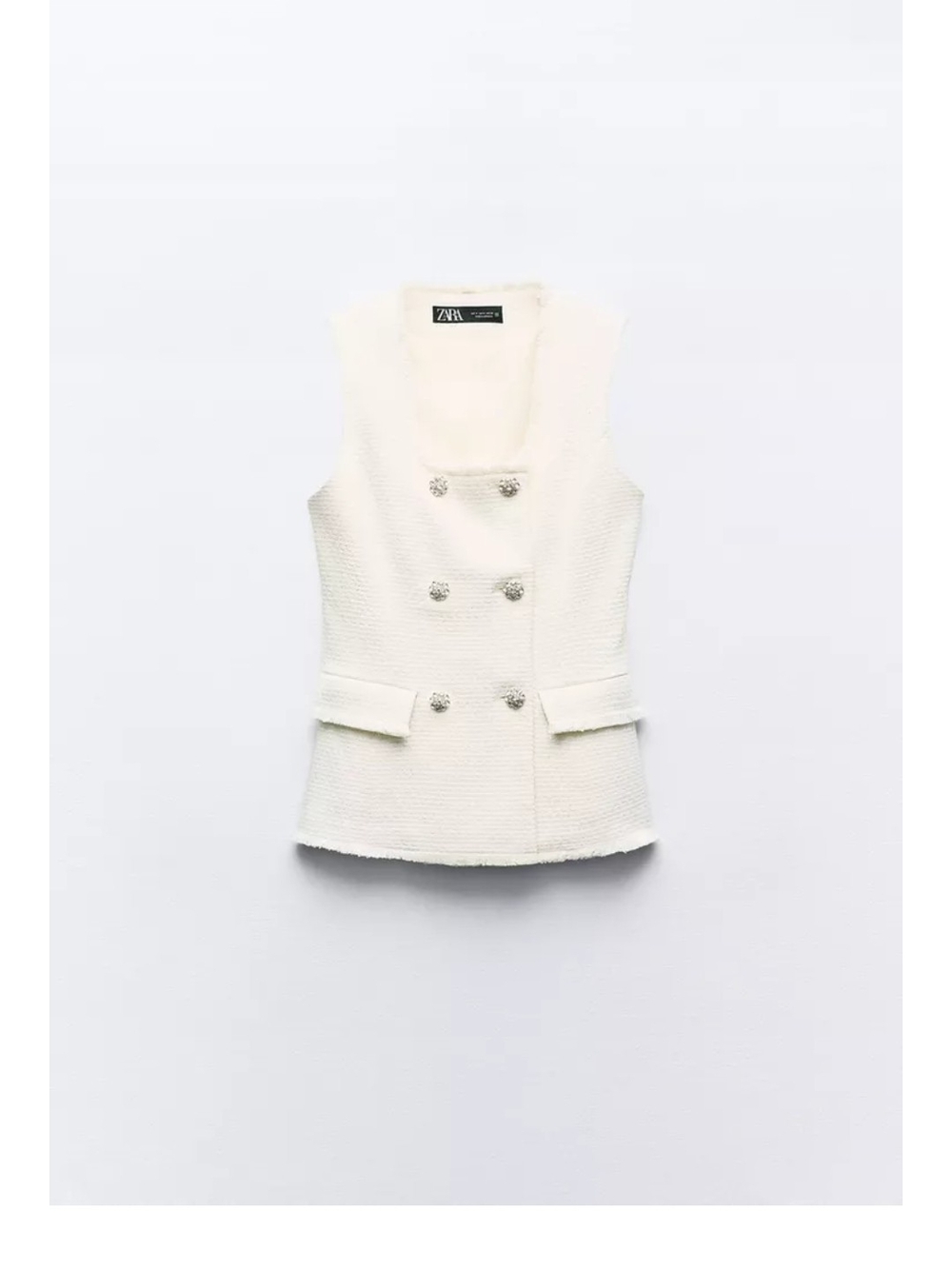 Zara Ivory Tweed Double-Breasted Sleeveless Jacket
